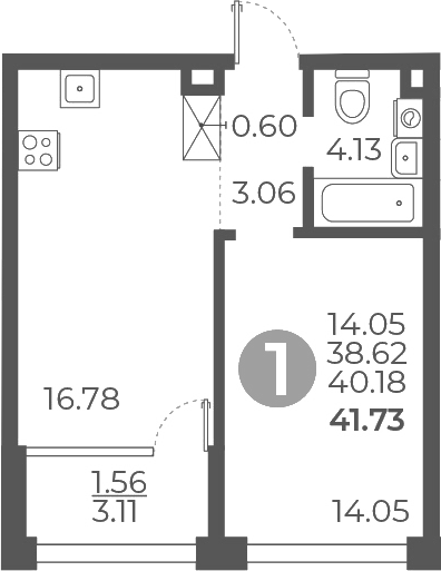 Планировка — Мневники от Гранель, 1-комн., 39 м²