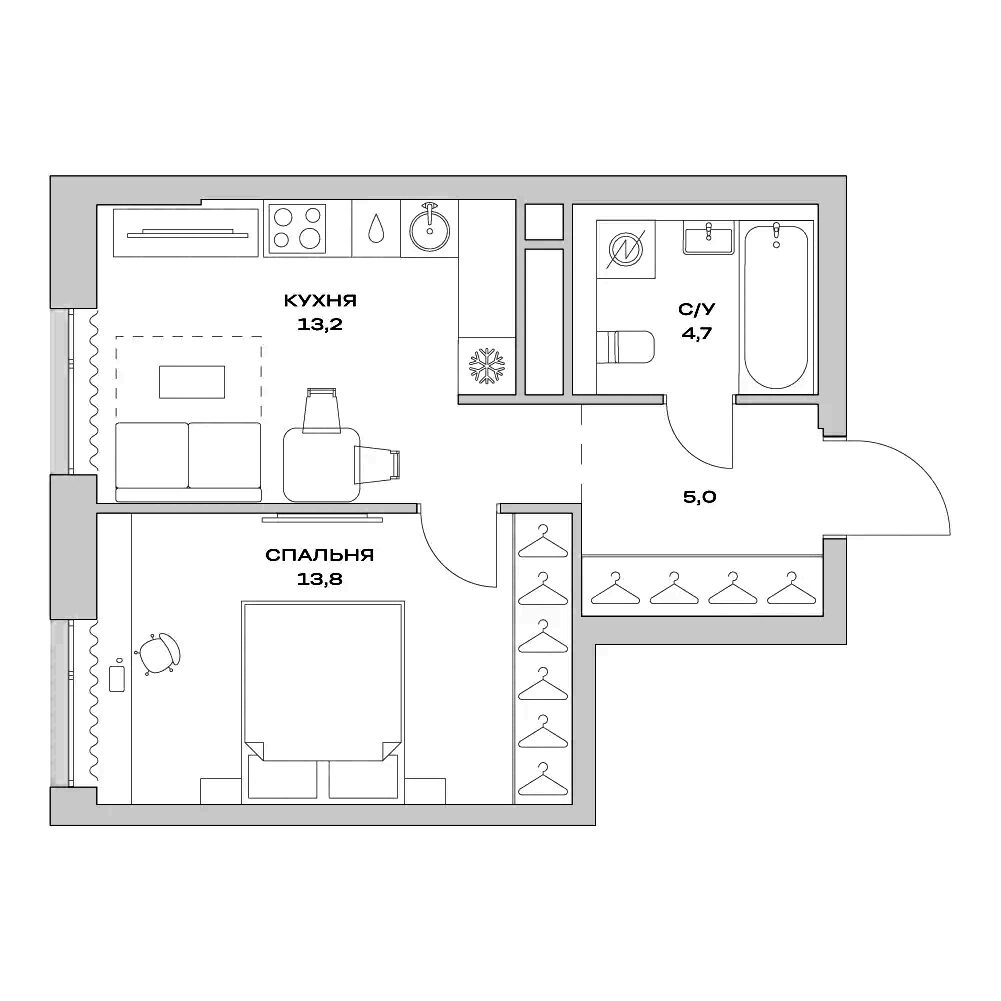 Планировка — Детали, 1-комн., 37 м²