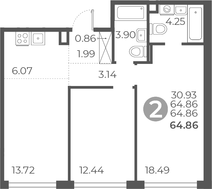 Планировка — Мневники от Гранель, 3-комн., 65 м²