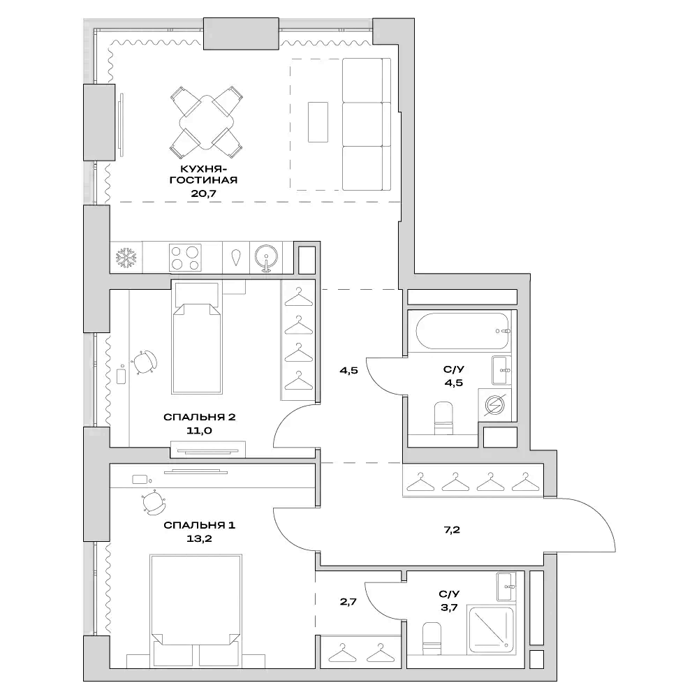 Планировка — Детали, 3-комн., 68 м²