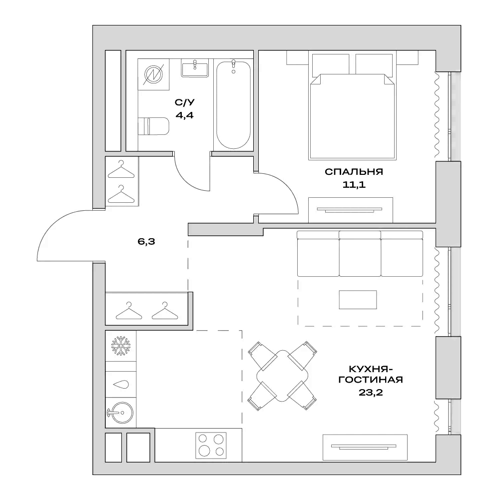 Планировка — Детали, 2-комн., 45 м²
