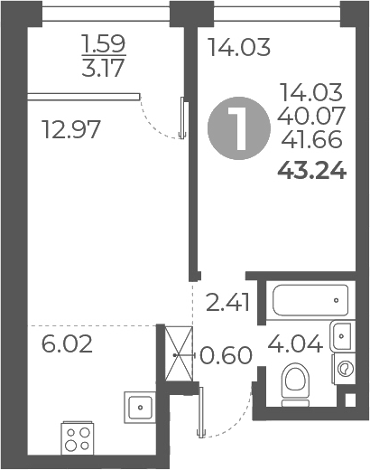Планировка — Мневники от Гранель, 1-комн., 40 м²