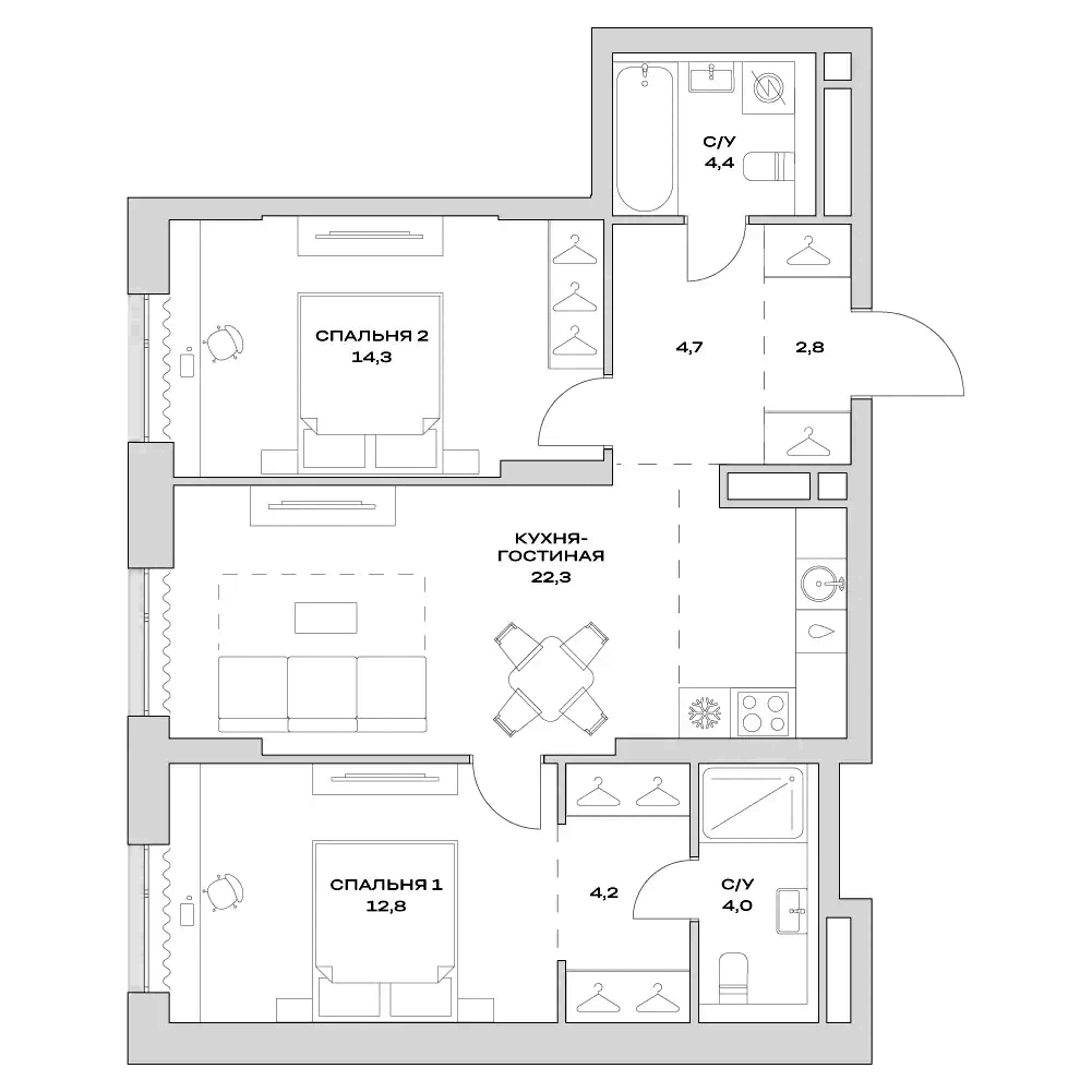 Планировка — Детали, 3-комн., 70 м²