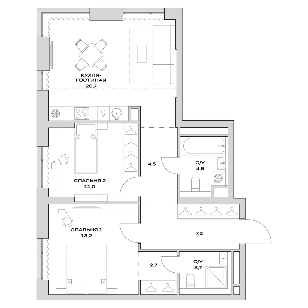 Планировка — Детали, 3-комн., 68 м²