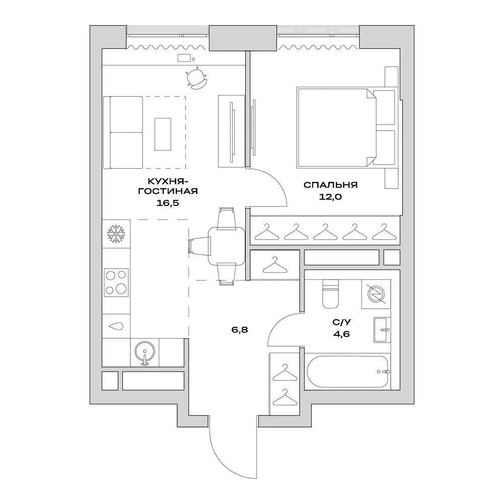 Планировка — Детали, 2-комн., 40 м²