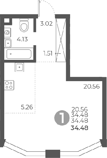 Планировка — Мневники от Гранель, Студия, 34 м²