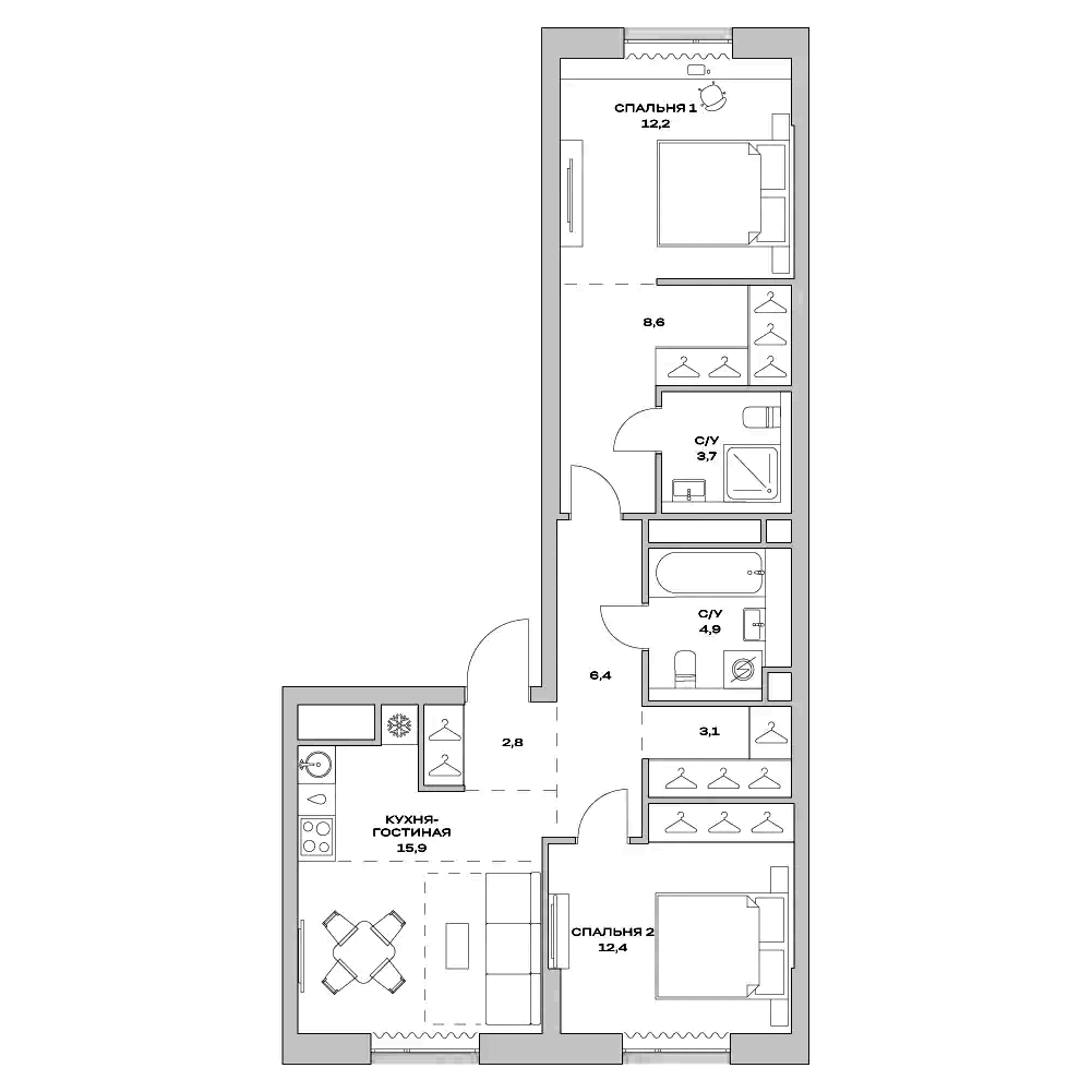 Планировка — Детали, 3-комн., 70 м²