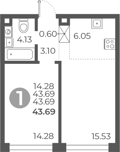 Планировка — Мневники от Гранель, 1-комн., 44 м²