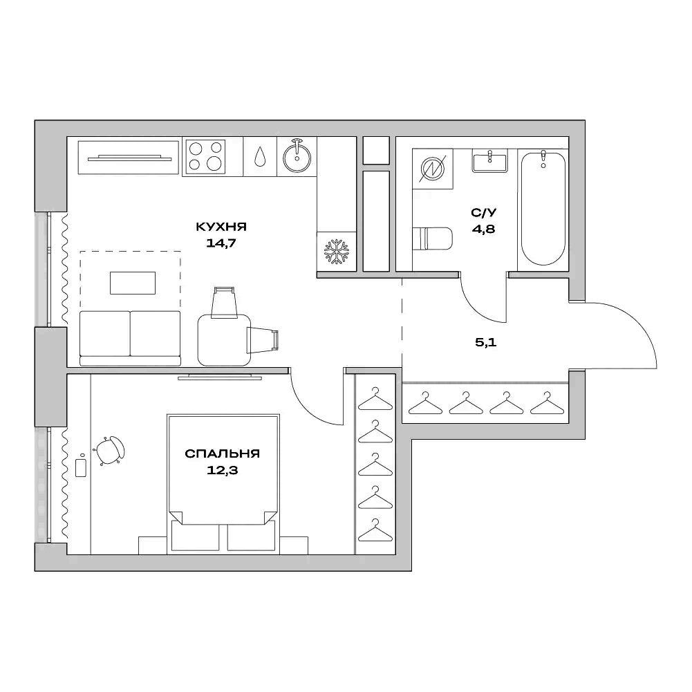 Планировка — Детали, 1-комн., 37 м²