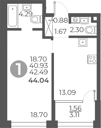 Планировка — Мневники от Гранель, 1-комн., 41 м²