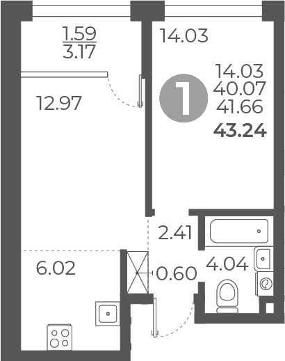 Планировка — Мневники от Гранель, 1-комн., 40 м²