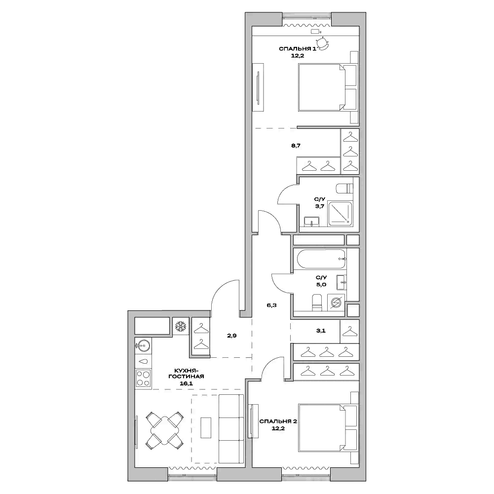 Планировка — Детали, 3-комн., 70 м²