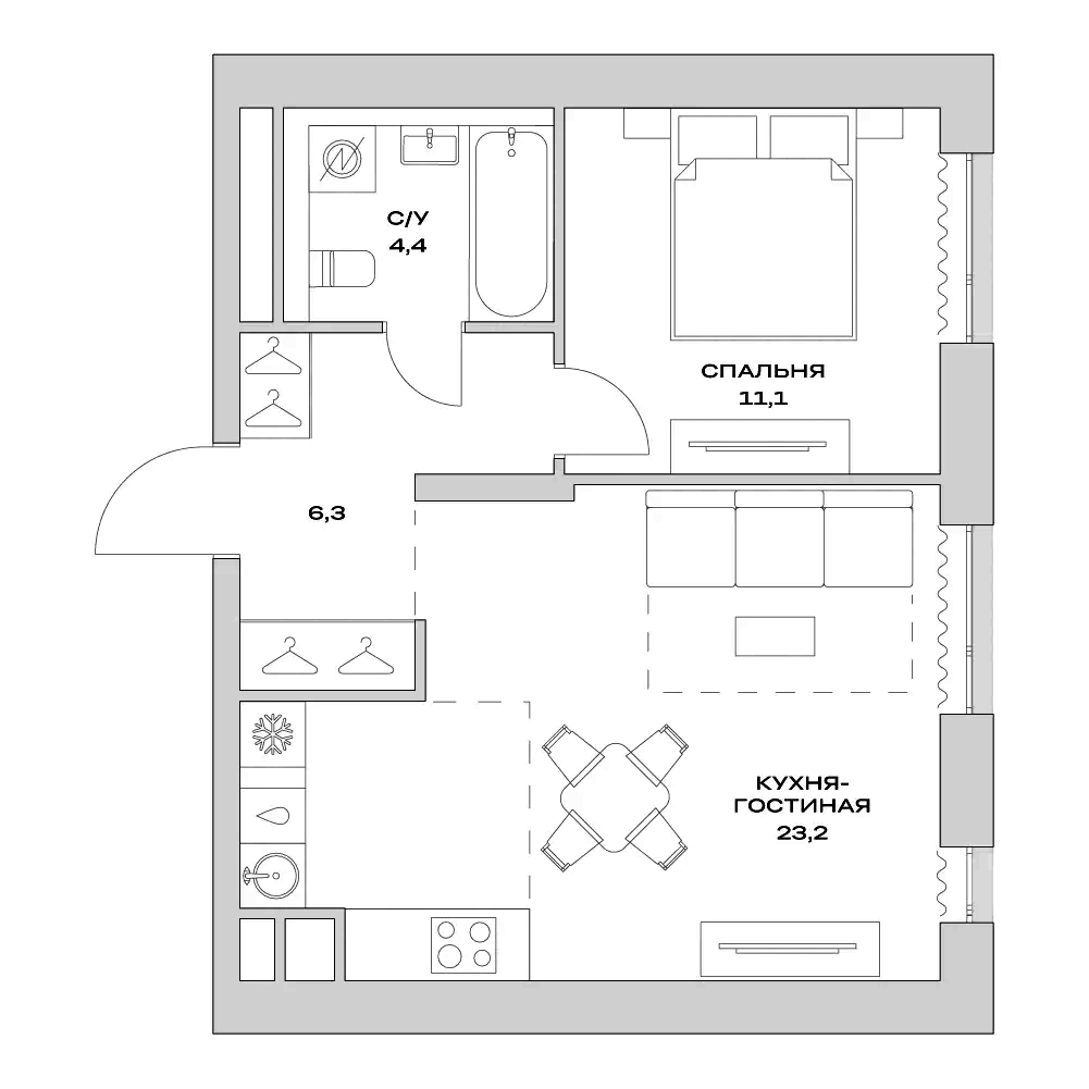 Планировка — Детали, 2-комн., 45 м²