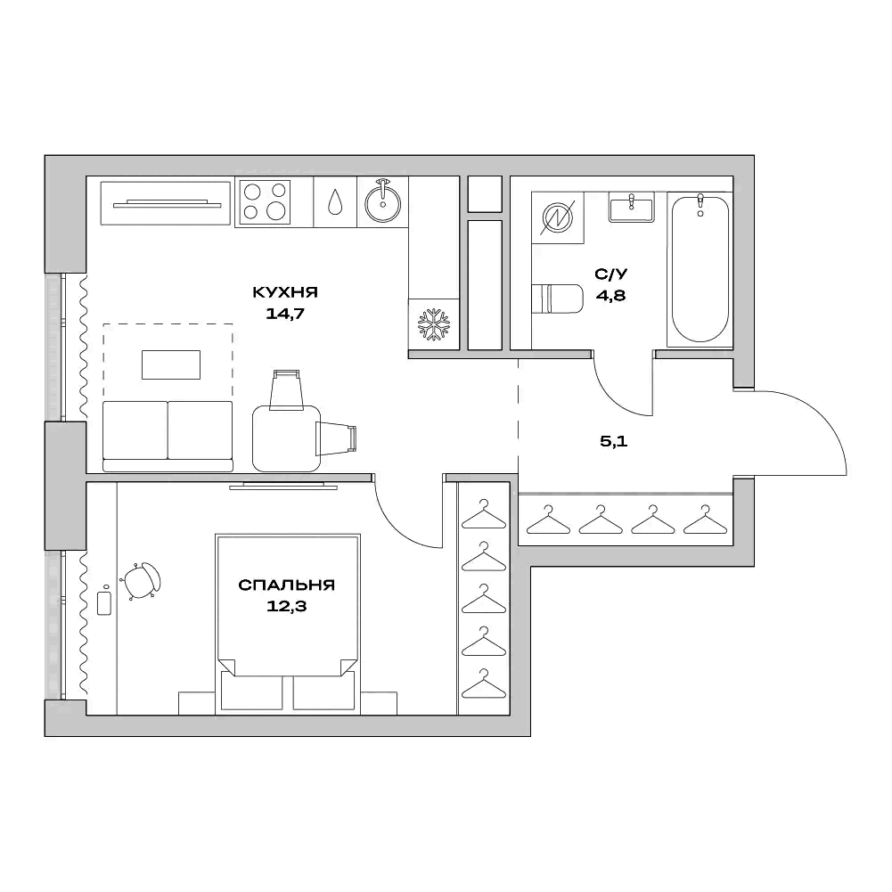 Планировка — Детали, 1-комн., 37 м²