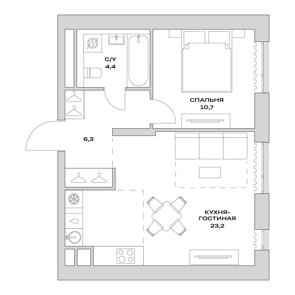 Планировка — Детали, 2-комн., 45 м²