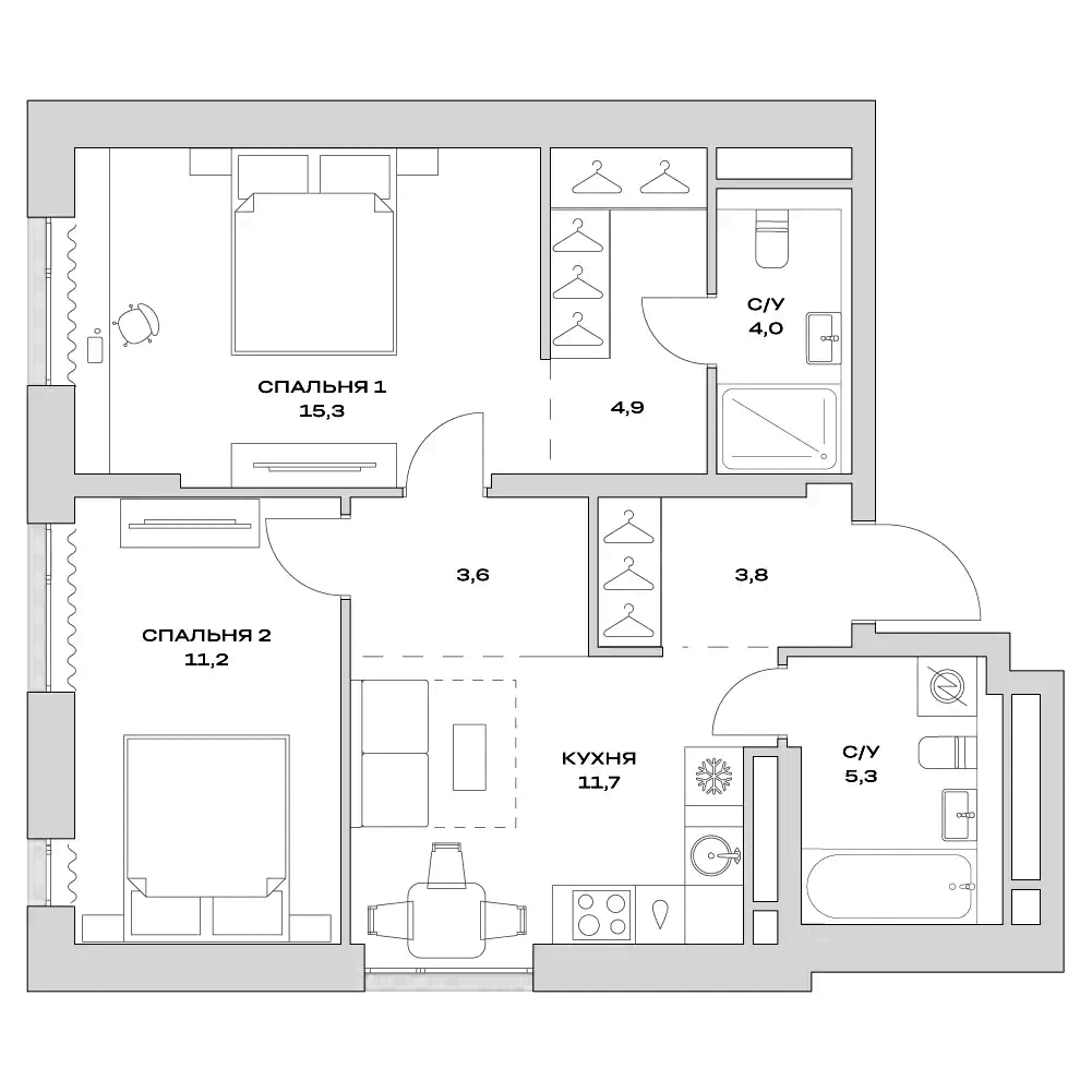 Планировка — Детали, 2-комн., 60 м²