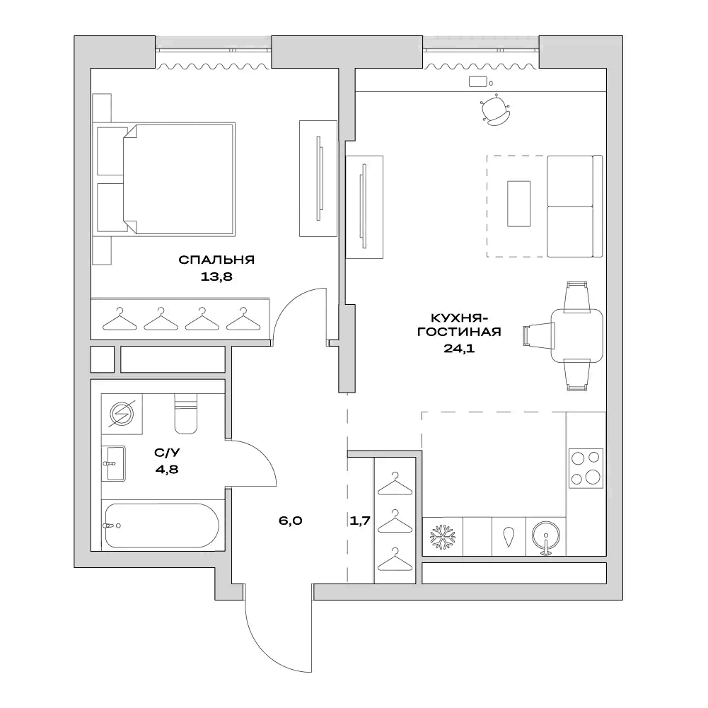 Планировка — Детали, 2-комн., 50 м²