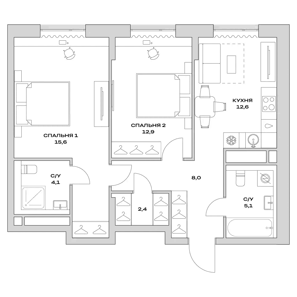 Планировка — Детали, 2-комн., 65 м²