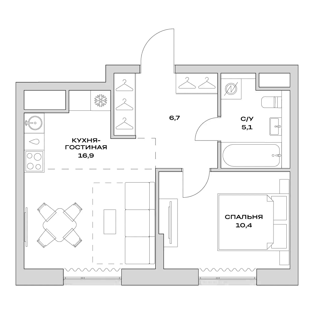 Планировка — Детали, 2-комн., 39 м²
