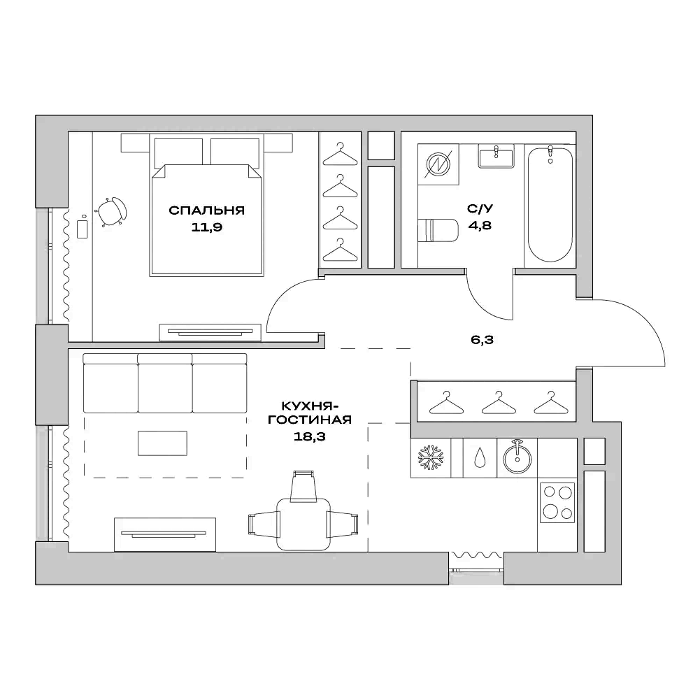 Планировка — Детали, 2-комн., 41 м²