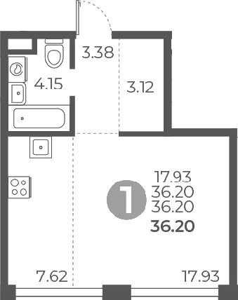 Планировка — Мневники от Гранель, Студия, 36 м²