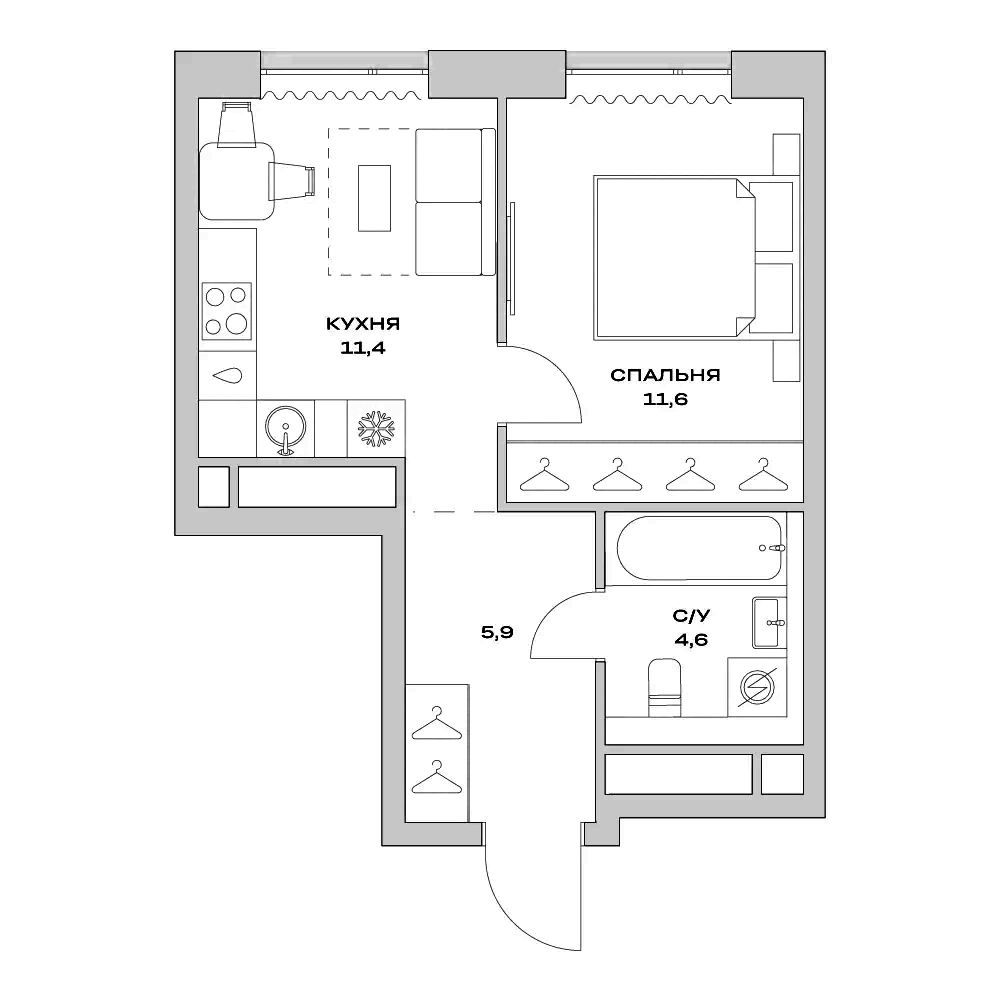 Планировка — Детали, 1-комн., 34 м²