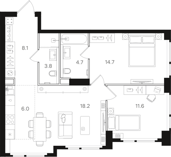 Планировка — Назаре. Мангазея в Богородском, 3-комн., 67 м²