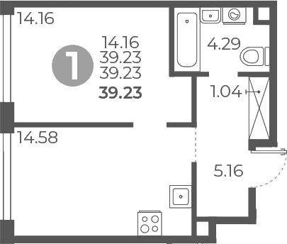 Планировка — Мневники от Гранель, 1-комн., 39 м²
