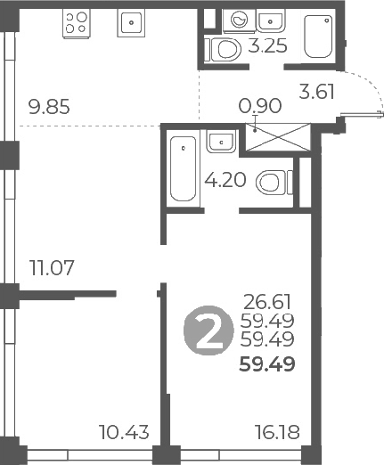 Планировка — Мневники от Гранель, 3-комн., 59 м²