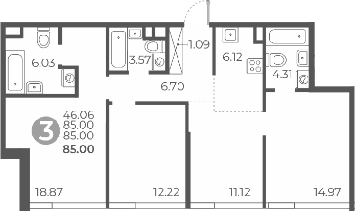 Планировка — Мневники от Гранель, 4-комн., 85 м²