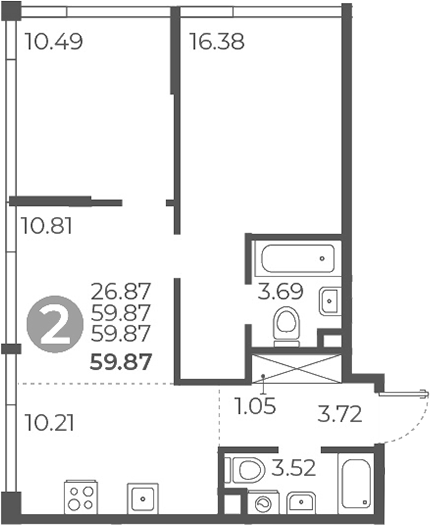 Планировка — Мневники от Гранель, 2-комн., 60 м²