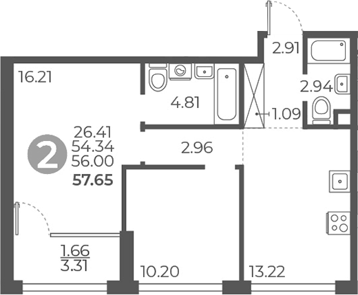 Планировка — Мневники от Гранель, 2-комн., 54 м²
