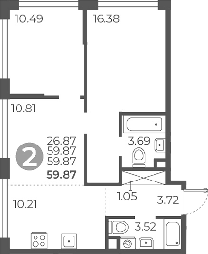 Планировка — Мневники от Гранель, 2-комн., 60 м²