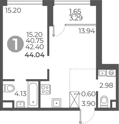 Планировка — Мневники от Гранель, 1-комн., 41 м²