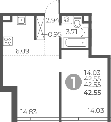 Планировка — Мневники от Гранель, 2-комн., 43 м²