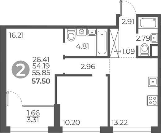 Планировка — Мневники от Гранель, 2-комн., 54 м²