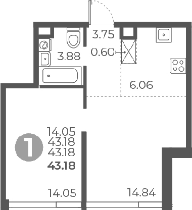 Планировка — Мневники от Гранель, 2-комн., 43 м²