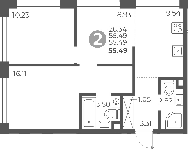 Планировка — Мневники от Гранель, 3-комн., 55 м²