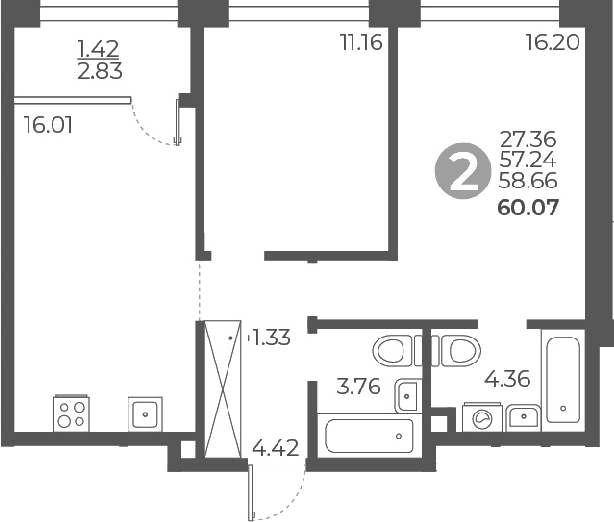 Планировка — Мневники от Гранель, 3-комн., 57 м²