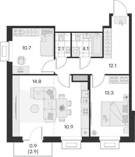 Планировка — Михалевич, 3-комн., 68 м²