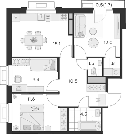 Планировка — Михалевич, 3-комн., 66 м²