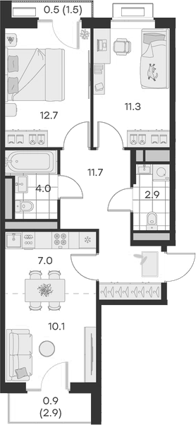 Планировка — Михалевич, 3-комн., 60 м²