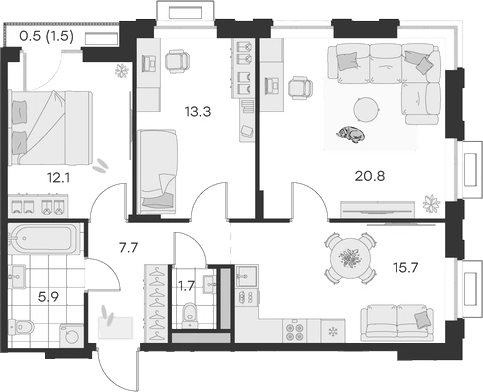 Планировка — Михалевич, 3-комн., 77 м²