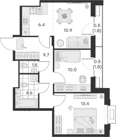 Планировка — Михалевич, 3-комн., 56 м²
