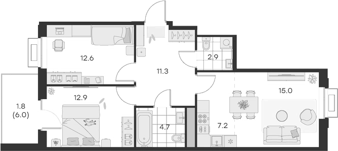 Планировка — Михалевич, 3-комн., 68 м²