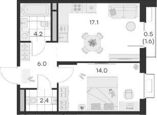 Планировка — Михалевич, 2-комн., 44 м²