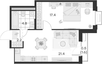 Планировка — Михалевич, 1-комн., 46 м²