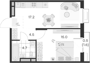 Планировка — Михалевич, 1-комн., 41 м²