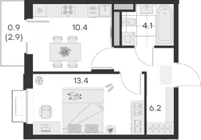 Планировка — Михалевич, 1-комн., 34 м²