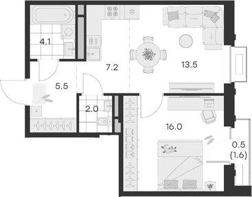 Планировка — Михалевич, 2-комн., 48 м²